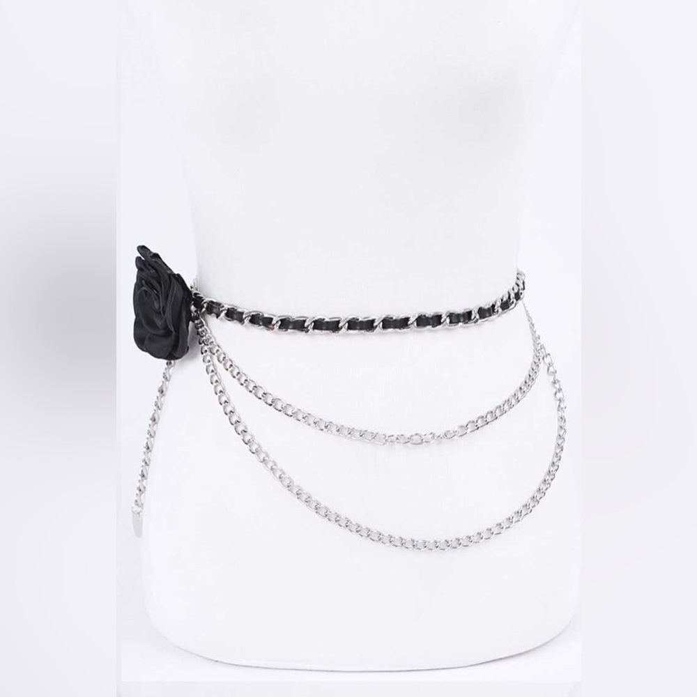 Satin 3-D Flower & Gold Iron Chain Statement Belt - Picture 3 of 7